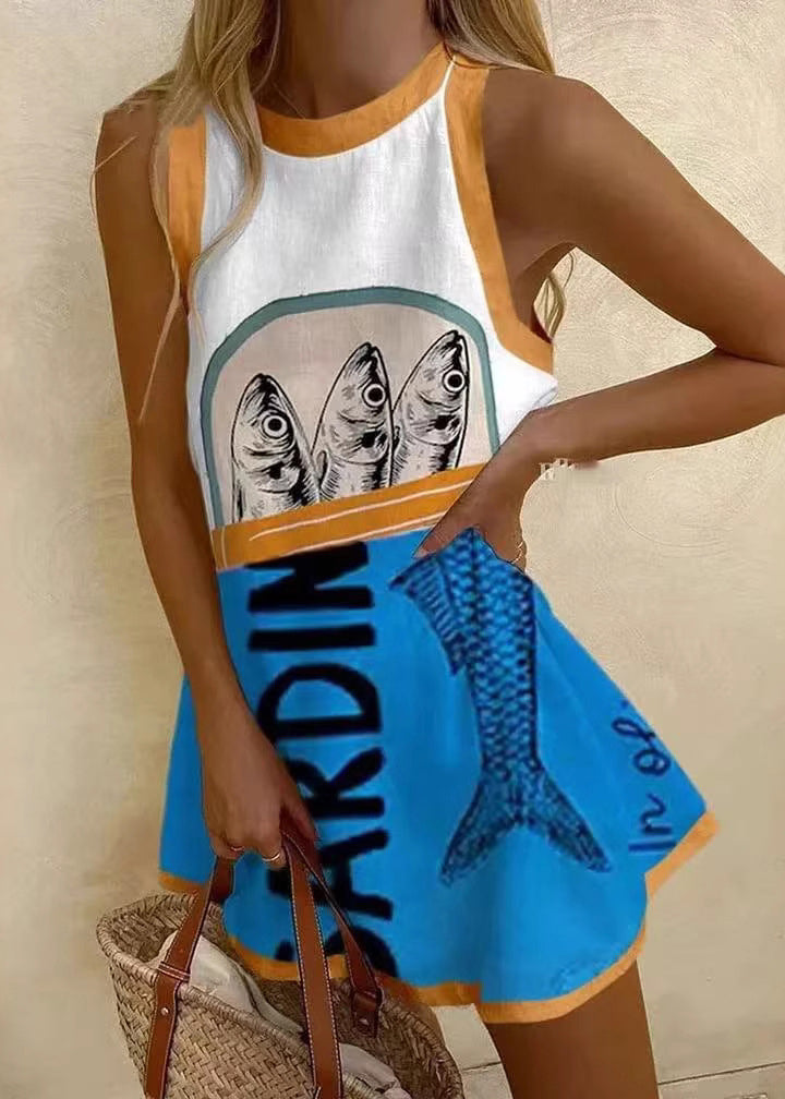 Women Sleeveless Patchwork White Neck Print Cotton Dresses O Mini FashionChic