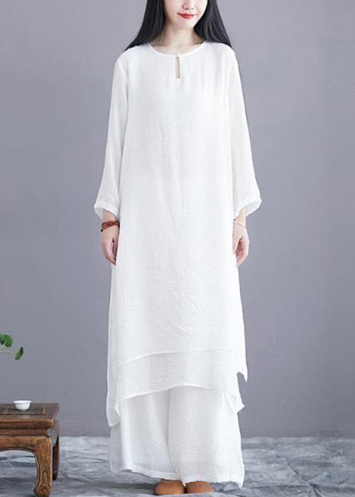 Women White O Neck Side Open Cotton Two Pieces Set Long Sleeve OP1015 Ada Fashion