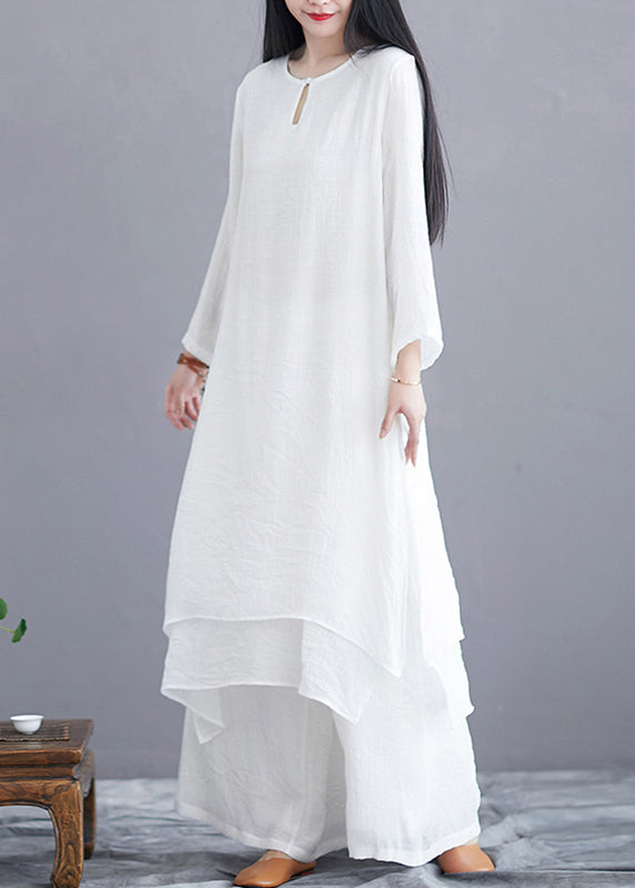 Women White O Neck Side Open Cotton Two Pieces Set Long Sleeve OP1015 Ada Fashion