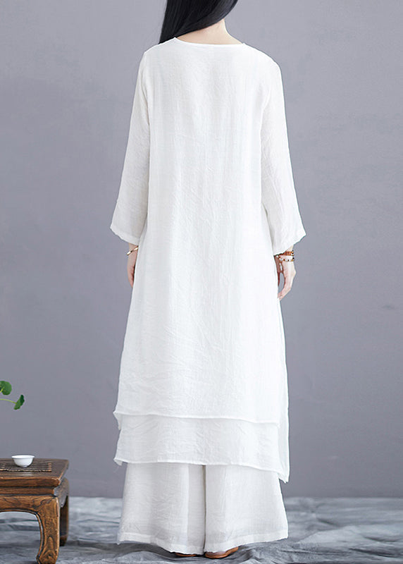 Women White O Neck Side Open Cotton Two Pieces Set Long Sleeve OP1015 Ada Fashion