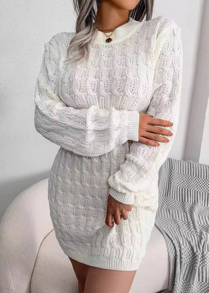 Women White O Neck Slim Fit Knit Sweater Dress Fall QR007 BB-ZS-WM-NSD240929