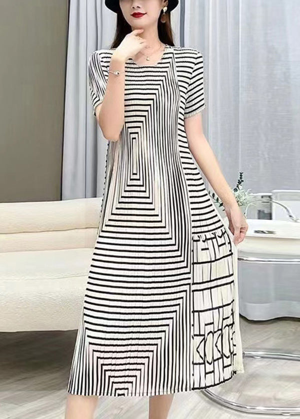 Women White O Neck Striped Wrinkled Silk Dresses Summer BV080 MZF-SDL240702
