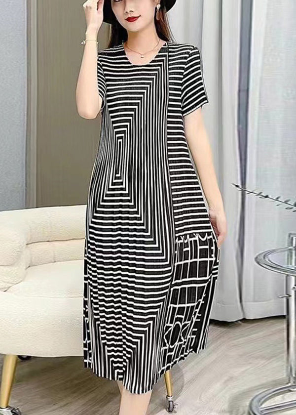 Women White O Neck Striped Wrinkled Silk Dresses Summer BV080 MZF-SDL240702