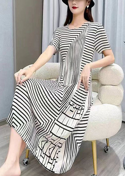 Women White O Neck Striped Wrinkled Silk Dresses Summer BV080 MZF-SDL240702