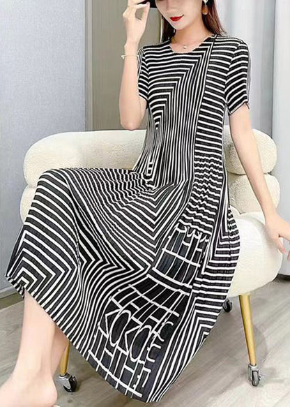 Women White O Neck Striped Wrinkled Silk Dresses Summer BV080 MZF-SDL240702