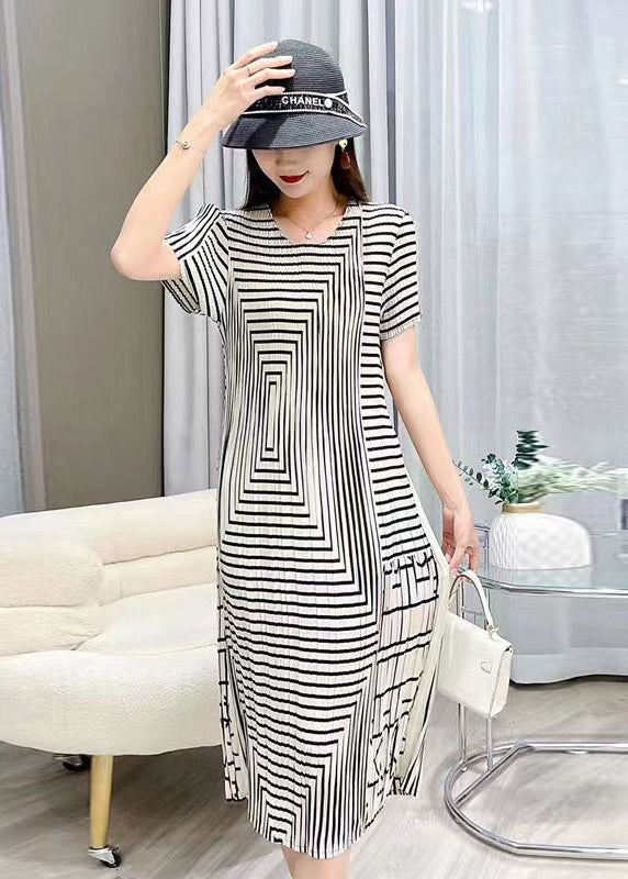 Women White O Neck Striped Wrinkled Silk Dresses Summer BV080 MZF-SDL240702