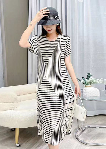 Women White O Neck Striped Wrinkled Silk Dresses Summer BV080 MZF-SDL240702