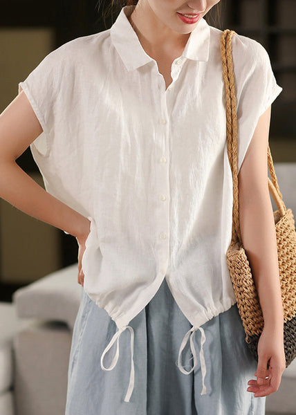 Summer Collar White Blouse Up Lace Linen Pan Peter Women FashionChic
