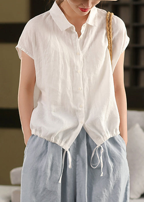 Summer Collar White Blouse Up Lace Linen Pan Peter Women FashionChic