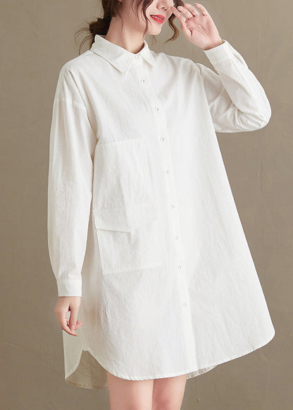 Women White Peter Pan Collar Pockets Cotton Shirt Top Fall OO036 OM-CS240814