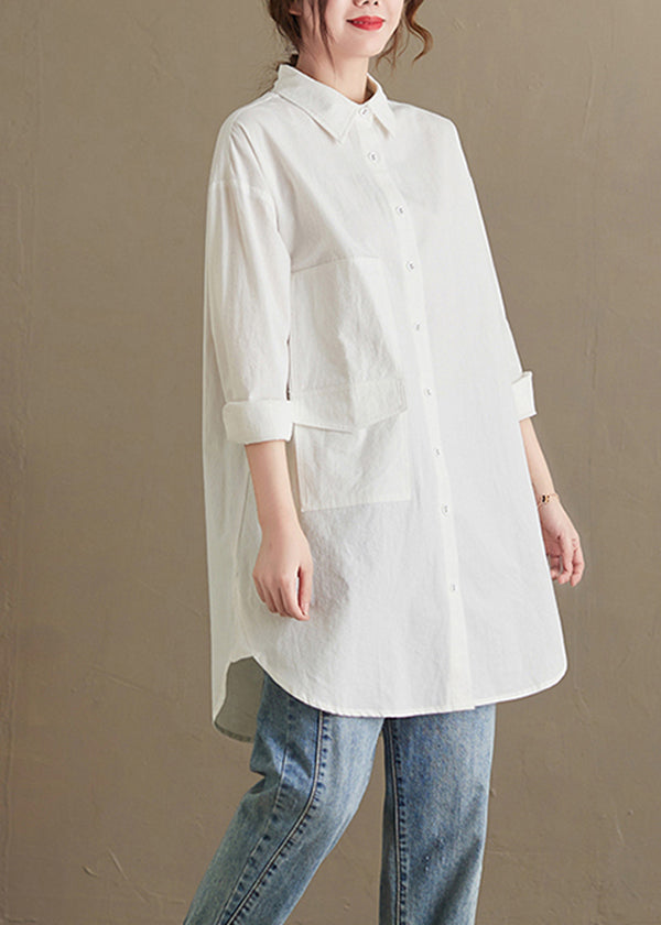 Women White Peter Pan Collar Pockets Cotton Shirt Top Fall OO036 OM-CS240814