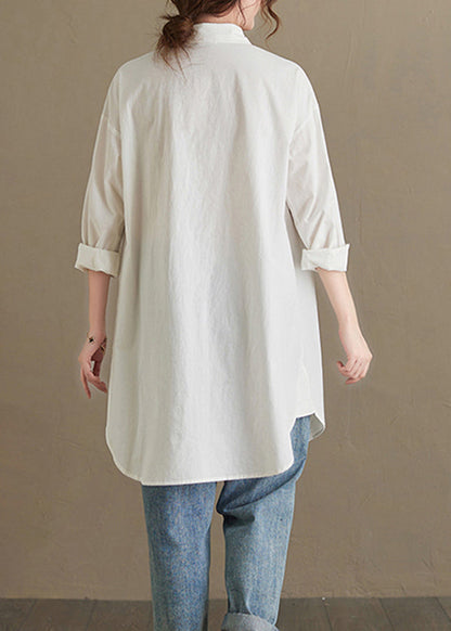 Women White Peter Pan Collar Pockets Cotton Shirt Top Fall OO036 OM-CS240814