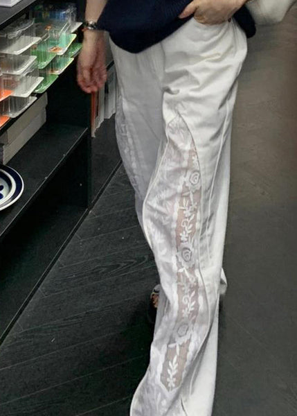 Women White Pockets Lace Patchwork Cotton Pants Summer WP038 NZ-LPTS241107
