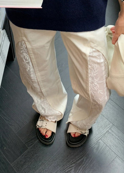 Women White Pockets Lace Patchwork Cotton Pants Summer WP038 NZ-LPTS241107