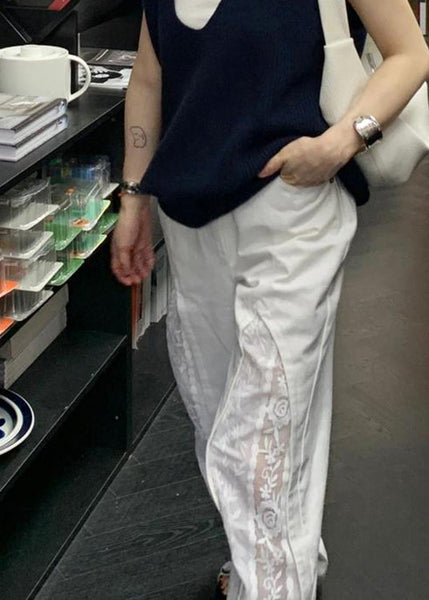 Women White Pockets Lace Patchwork Cotton Pants Summer WP038 NZ-LPTS241107