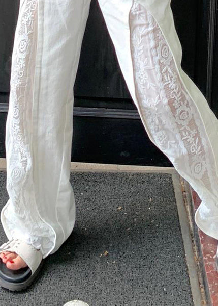 Women White Pockets Lace Patchwork Cotton Pants Summer WP038 NZ-LPTS241107