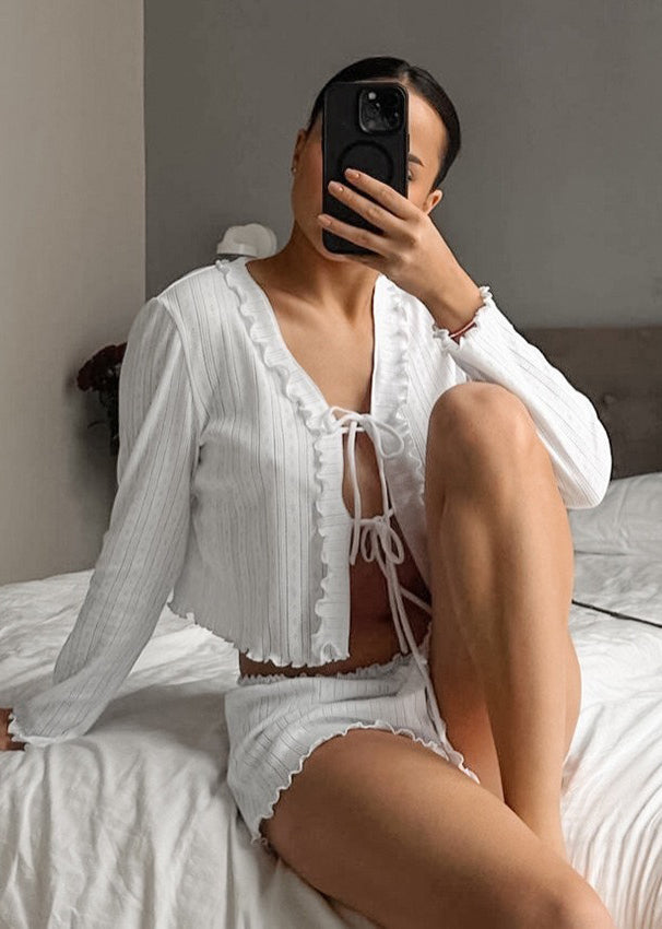 Knit Up Summer Ruffled Outfit Women 2 Piece Lace White FashionChic