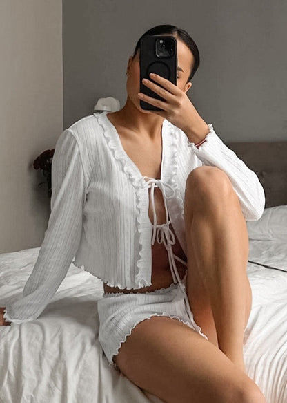 Knit Up Summer Ruffled Outfit Women 2 Piece Lace White FashionChic