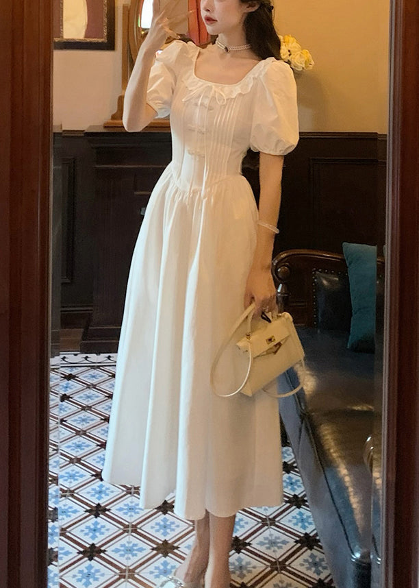 Women White Ruffled Solid Cotton Long Dress Summer XX018 SH-LF-SDL240611