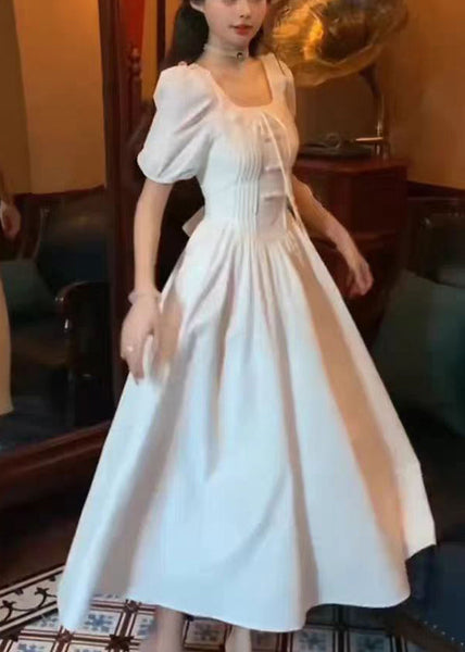 Women White Ruffled Solid Cotton Long Dress Summer XX018 SH-LF-SDL240611