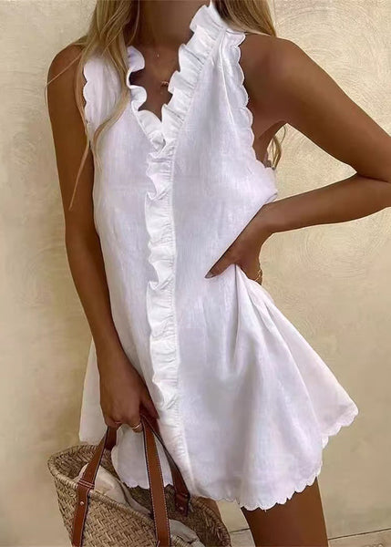 Mini Sleeveless Solid Dresses White Cotton Women Ruffled FashionChic