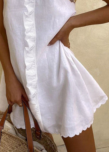 Mini Sleeveless Solid Dresses White Cotton Women Ruffled FashionChic