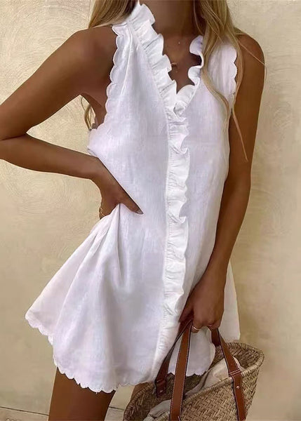 Mini Sleeveless Solid Dresses White Cotton Women Ruffled FashionChic