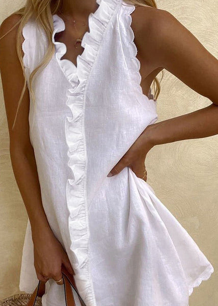 Mini Sleeveless Solid Dresses White Cotton Women Ruffled FashionChic