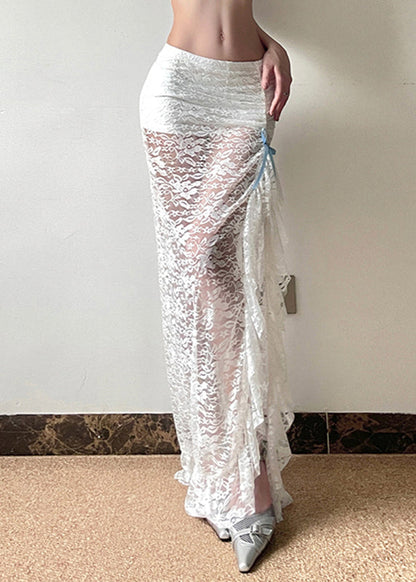 Women White Side Open Hollow Out Lace Wraped Skirts Spring YP050 ABC