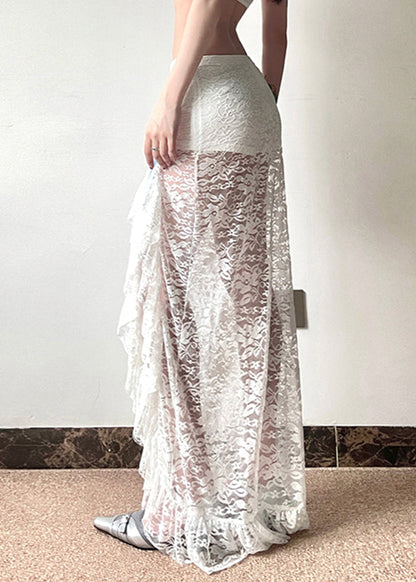 Women White Side Open Hollow Out Lace Wraped Skirts Spring YP050 ABC