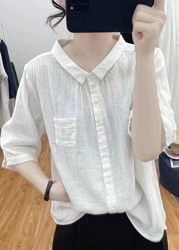 Women White Solid Button Cotton Shirts Bracelet Sleeve GH1026 Ada Fashion