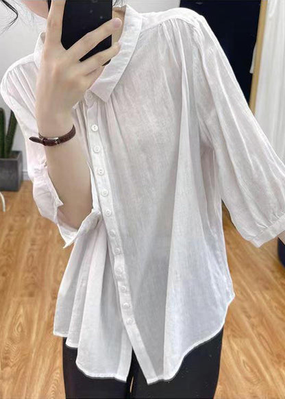 Women White Solid Button Cotton Shirts Bracelet Sleeve GH1026 Ada Fashion