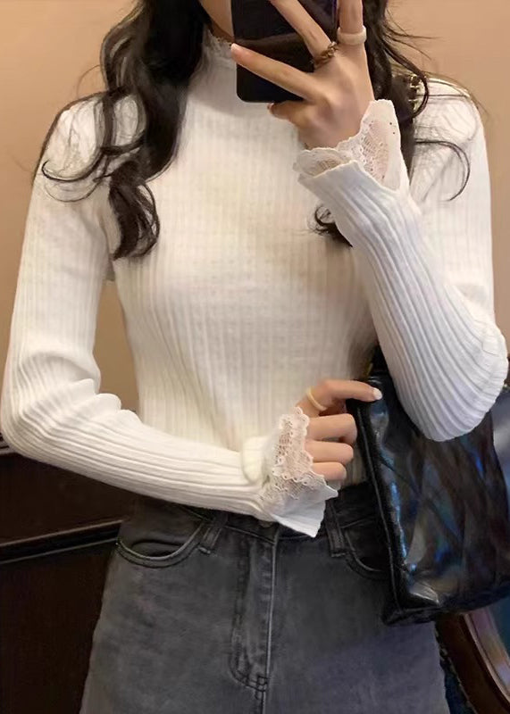 Women White Solid Lace Patchwork Knit Sweaters Fall QI017 OM-BB241005