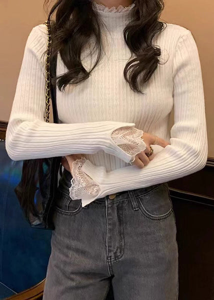 Women White Solid Lace Patchwork Knit Sweaters Fall QI017 OM-BB241005