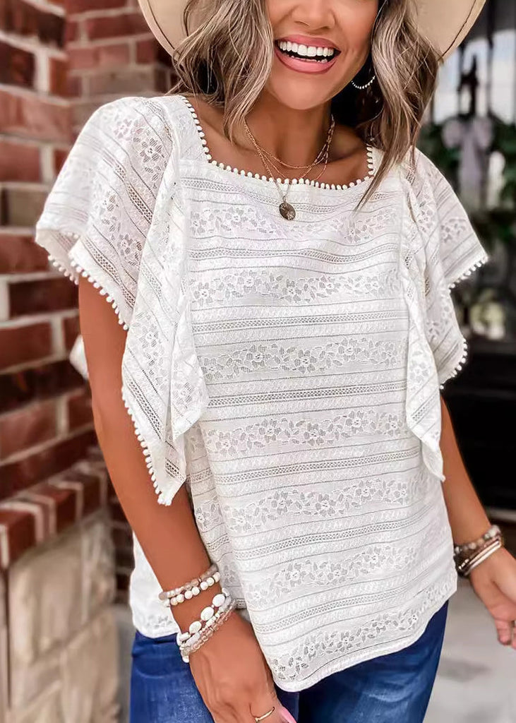 Women White Square Collar Hollow Out Lace Blouses Summer BB037 Hawaii-STP240622