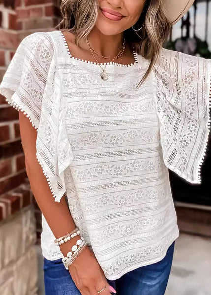 Women White Square Collar Hollow Out Lace Blouses Summer BB037 Hawaii-STP240622