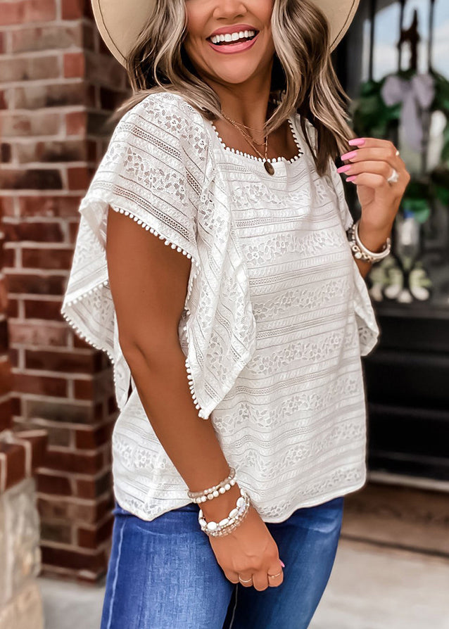 Women White Square Collar Hollow Out Lace Blouses Summer BB037 Hawaii-STP240622