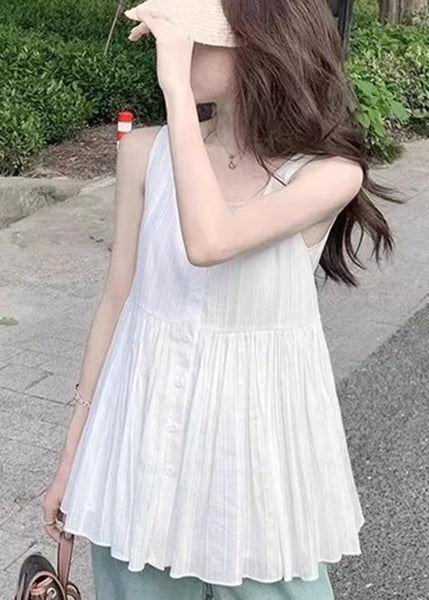 Square Sleeveless Shirt Women White Wrinkled Collar Cotton FashionChic