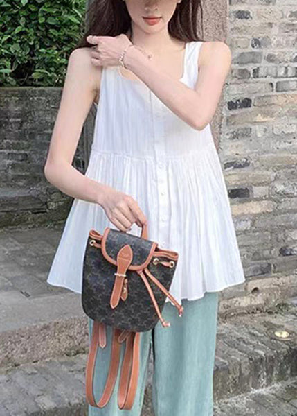 Square Sleeveless Shirt Women White Wrinkled Collar Cotton FashionChic