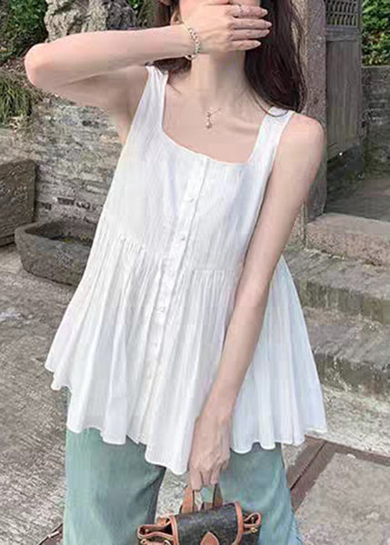 Square Sleeveless Shirt Women White Wrinkled Collar Cotton FashionChic