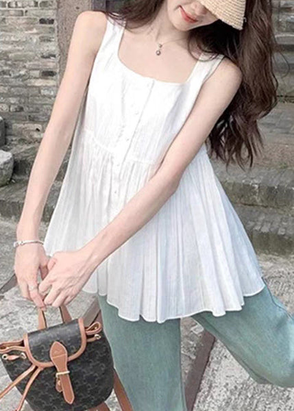 Square Sleeveless Shirt Women White Wrinkled Collar Cotton FashionChic