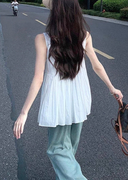 Square Sleeveless Shirt Women White Wrinkled Collar Cotton FashionChic