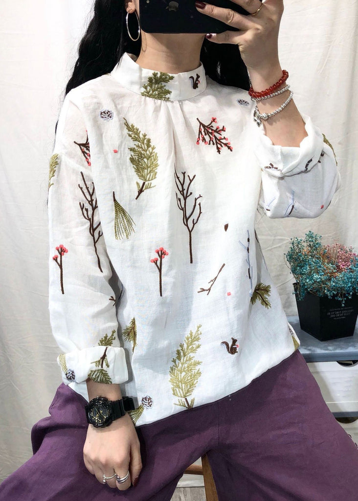 Women White Stand Collar Embroidered Linen Blouses Long Sleeve GH1036 Ada Fashion