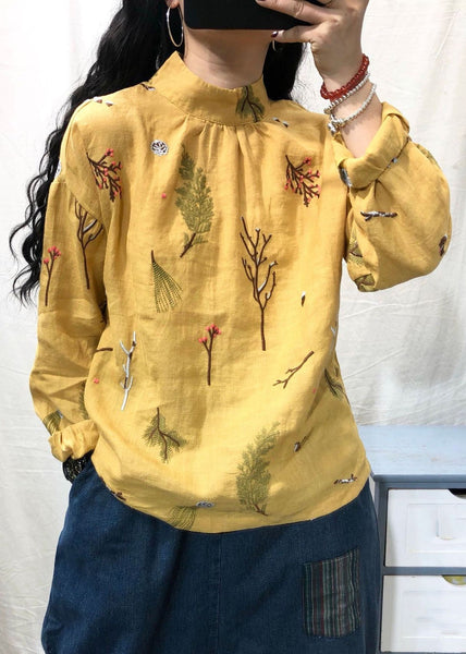 Women White Stand Collar Embroidered Linen Blouses Long Sleeve GH1036 Ada Fashion