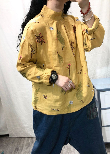 Women White Stand Collar Embroidered Linen Blouses Long Sleeve GH1036 Ada Fashion