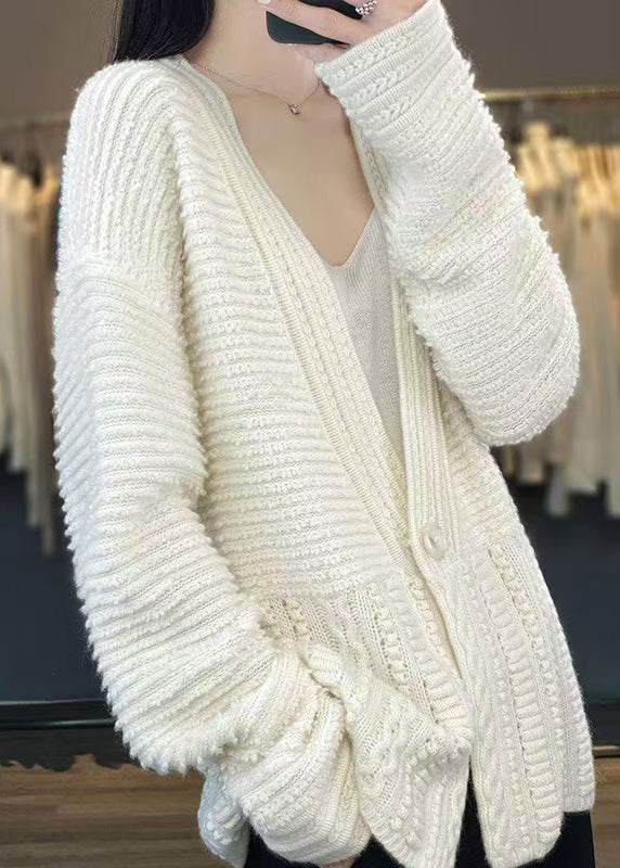 Women White V Neck Button Woolen Cable Knit Coats Spring YW021 ABC