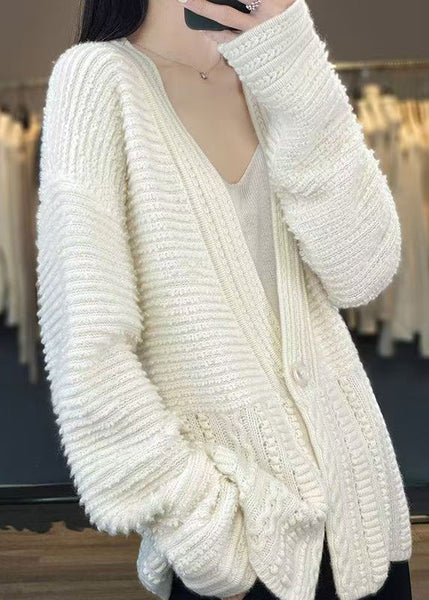 Women White V Neck Button Woolen Cable Knit Coats Spring YW021 ABC