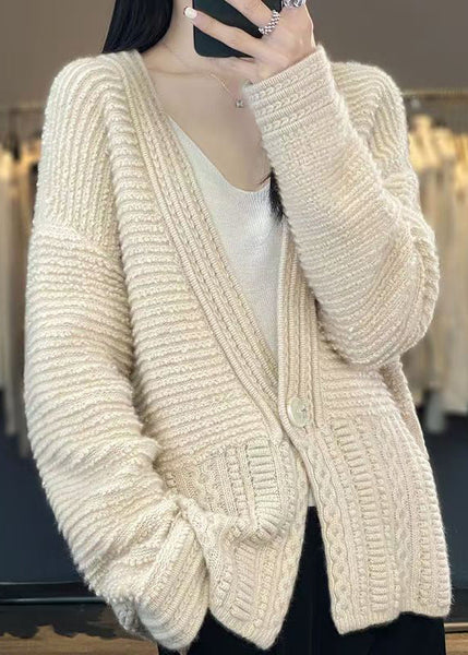 Women White V Neck Button Woolen Cable Knit Coats Spring YW021 ABC