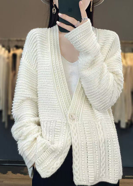 Women White V Neck Button Woolen Cable Knit Coats Spring YW021 ABC