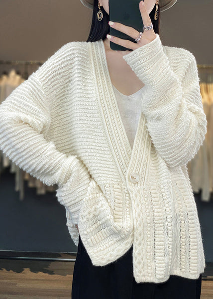 Women White V Neck Button Woolen Cable Knit Coats Spring YW021 ABC